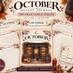 May include: A set of 20 printable October bullet journal pages in A5, A4, and US Letter sizes. The pages feature autumn leaf borders, pumpkin mood trackers, habit trackers, and an apothecary shop illustration with the text October Bullet Journal.