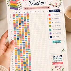 May include: A printed reading tracker sheet featuring the title READING Tracker, a grid for months and days, and a color-coded key for pages read. It includes illustrations of books, potted plants, and coffee cups with text like ONE PAGE AT A TIME.