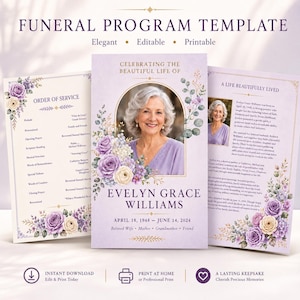 May include: A funeral programme template featuring a portrait of a woman, purple and cream floral illustrations, and text including "Celebrating the Beautiful Life of Evelyn Grace Williams," "Order of Service," and "A Life Beautifully Lived."