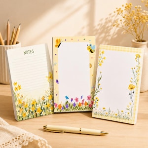 Puede incluir: Tres blocs de notas rectangulares de papel con ilustraciones de flores e insectos. Uno tiene líneas horizontales y la palabra NOTES en la parte superior. Los otros tienen centros en blanco con bordes de flores de colores y una abeja.