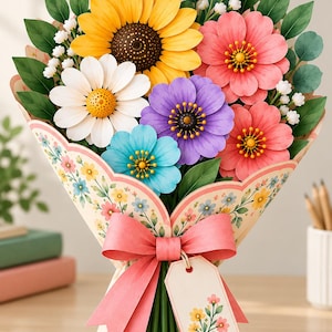 May include: A paper craft bouquet featuring a large yellow sunflower, white daisy, purple, blue, and pink flowers with green leaves and small white buds. The bouquet is wrapped in floral patterned paper with a pink bow and a small hanging gift tag.
