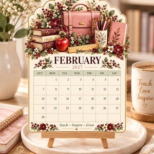 May include: A February 2027 desk calendar on a wooden easel featuring a floral design with a pink briefcase, books, an apple, a ruler, and pencils. The text reads February 2027 and Teach Inspire Grow. The calendar grid displays dates from 1 to 28.