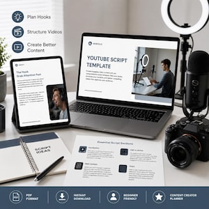 May include: A digital YouTube script template displayed on a laptop and tablet screen, accompanied by a printed document titled Essential Script Sections, a spiral-bound notebook labeled Script Ideas, a black microphone, and a camera.