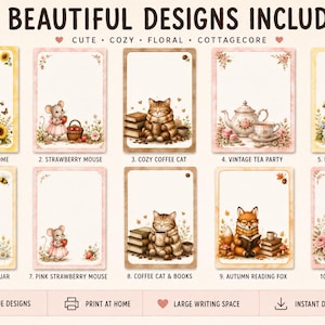 May include: A collection of 10 stationery sheets featuring illustrations of a sunflower gnome, strawberry mouse, coffee cat, vintage tea party, honey bee garden, minimal honey jar, pink strawberry mouse, coffee cat with books, autumn reading fox, and floral tea set.