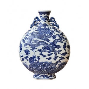 Antico vaso cinese in porcellana, fiaschetta lunare, drago imperiale, periodo Quianlong, blu cobalto su bianco