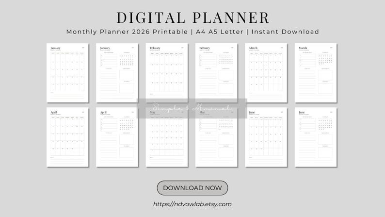 2026 Monthly Planner Printable PDF | Minimal Calendar | A4 A5 Letter ...