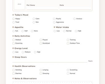 Pet Mood Tracker, Dog Cat Health Log, Minimalist Farmhouse Digital Planner (A4/A5/Letter)