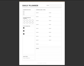 Minimalist Daily Planner, One Page Schedule, Priority List, Habit Tracker (Digital Download)