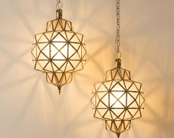 Glass Pendant Light – Handmade Brass Geometric Ceiling Lamp, Moroccan Lights