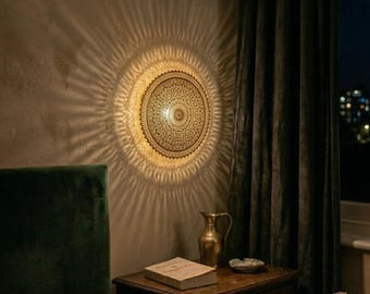 Traditional Round Flush Mount Light Fixture, Moroccan Brass Wall Sconce Lamp, Round Moroccan Brass Wall Sconce.
