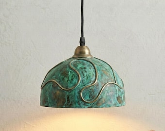 Green Patina Brass Pendant Light –Handcrafted Brass Dome Lamp – Vintage Moroccan Hanging Light – Antique Brass Ceiling Fixture Artisan Decor