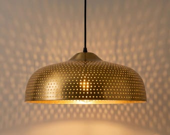 Modern Brass Pendant Light, Perforated Metal Hanging Lamp, Minimalist Ceiling Light, Kitchen Island Lighting, Gold Dome Lamp