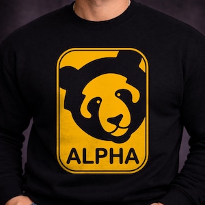 Puede incluir: Sudadera negra con un diseño rectangular amarillo de un oso panda. La palabra "ALPHA" está impresa en letras blancas debajo de la ilustración del panda. La sudadera es de material suave.