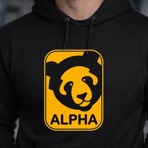 Puede incluir: Sudadera con capucha negra con un diseño gráfico rectangular amarillo con un oso panda. La cara del panda es negra, sobre un fondo amarillo. La palabra "ALPHA" está impresa en blanco en la parte inferior.