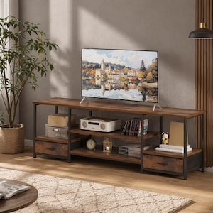 May include: A rustic-style TV stand with a dark brown wood finish and black metal frame. It features two drawers, open shelves, and a top surface for a television. The stand is designed to hold media components and decorative items.