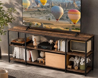 65 Inch TV Stand: Rustic Brown Wood Metal Entertainment Center, 3-Tier Storage Cabinet