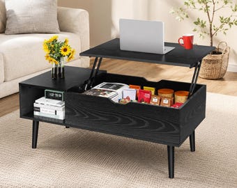 Lift Top Coffee Table with Hidden Storage, Modern Black Wood Coffee Table with Shelves for Living Room