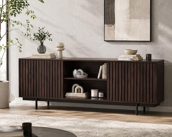 Mid Century Modern TV Stand for 75 Inch TV, Fluted Walnut Media Console, Retro Entertainment Center with Storage Cabinets