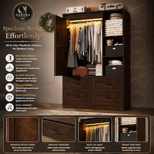 Rustic Brown 3 Door Wardrobe Armoire Closet with Sliding Barn Doors, LED Lights, 6 Drawers & Hanging Rod for Bedroom