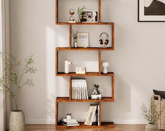 Modernes S-förmiges Bücherregal, 5-stufiges geometrisches Holzregal, freistehender Aufbewahrungsorganisator für Wohnzimmer oder Bürodekor