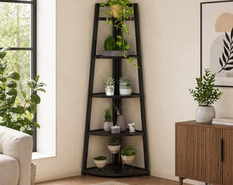 70 Inch Tall Corner Shelf, 5 Tier Industrial Corner Bookshelf, Modern Ladder Shelf Bookcase, Corner Plant Stand for Living Room