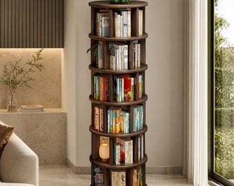 Wooden Rotating Bookshelf with Wheels, Spinning Bookcase Organizer, Revolving Floor Standing Shelf for Home Office Bedroom Library