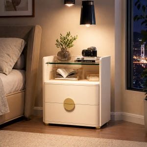 Modern Wood Nightstand with 2 Drawers, Minimalist Bedside Table with Open Storage, Tempered Glass End Table for Bedroom