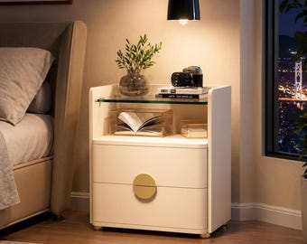 Modern Wood Nightstand with 2 Drawers, Minimalist Bedside Table with Open Storage, Tempered Glass End Table for Bedroom