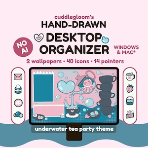May include: A digital desktop organizer with an underwater tea party theme. The design includes 2 wallpapers, 40 icons, and 14 pointers. The image features a computer screen with pink and teal graphics and the text "cuddlegloom's HAND-DRAWN DESKTOP ORGANIZER".