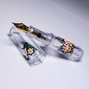 Hand Painted Clear Majohn Wancai Mini Custom Fountain Pen | Fantasy Orange Blossom Flower Dragon