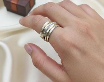 925 Sterling Silver Spinner Ring, Multi-Layer Rotating Band, Anxiety Fidget Jewelry