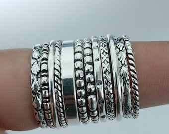 Anillos apilables de plata de ley / Anillos bohemios con textura mixta