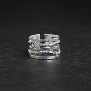 Anillo multibanda de plata de ley, cuerda retorcida, anillo abierto ajustable
