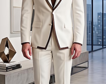 Ivory Cream Suit with Brown Piping Slim Fit Notch Lapel Two-Piece Wedding Party Wear