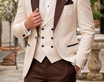 Ivory Cream Brown Contrast Tuxedo  Three Piece Slim Fit Suit