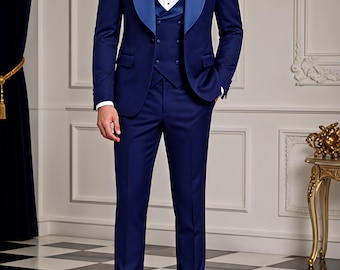 Royal Blau 3 Teiliger Smoking, Schal Revers, Zweireihige Weste, Slim Fit Anzug