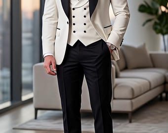 Ivory White Black Tuxedo Suit: Shawl Lapel, Double-Breasted Vest Formal Wedding Ensemble