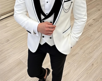Men's White Contrast Tuxedo Slim Fit Shawl Lapel Suit for Weddings