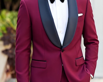 Burgunder farbener Baumwoll-Frack: Slim Fit-Schal Revers-Dinner Jacket Set