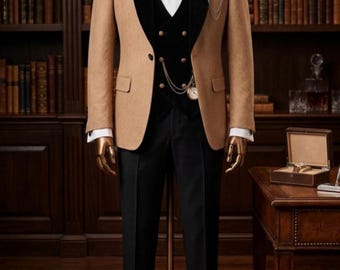 Men's Camel Black 3 Piece Suit, Shawl Lapel Formal Wedding Groom Wear Slim Fit