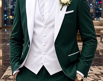 Smaragdgrüner 3-teiliger Anzug Weißer Satin Revers, Slim Fit Abendkleidung