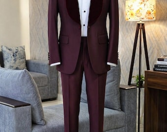 Burgundy Velvet Shawl Lapel Tuxedo Suit | Slim Fit Wedding Groom Blazer Bee Pin