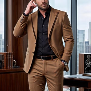 Traje moderno de dos piezas color marrón camel: ropa de oficina y para eventos.