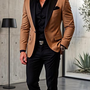 Beige Reverse Revers Revers Frack, Schwarze Kontrast Jacke, Baumwolle Slim Fit,