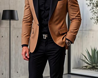Tan Peak Lapel Tuxedo Suit, Black Contrasting Jacket, Cotton Slim Fit,
