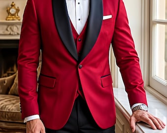 Men's Red 3 Piece Tuxedo Suit, Black Shawl Lapel, Slim Fit