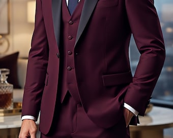 Burgundy Cotton Three Piece Suit: Custom Tailored Wedding Groom Slim Fit Formal Set