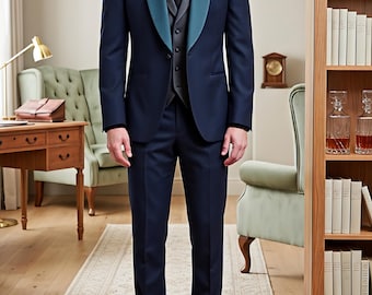 Navy Blue Three-Piece Tuxedo with Teal Shawl Lapel for Formal Wear