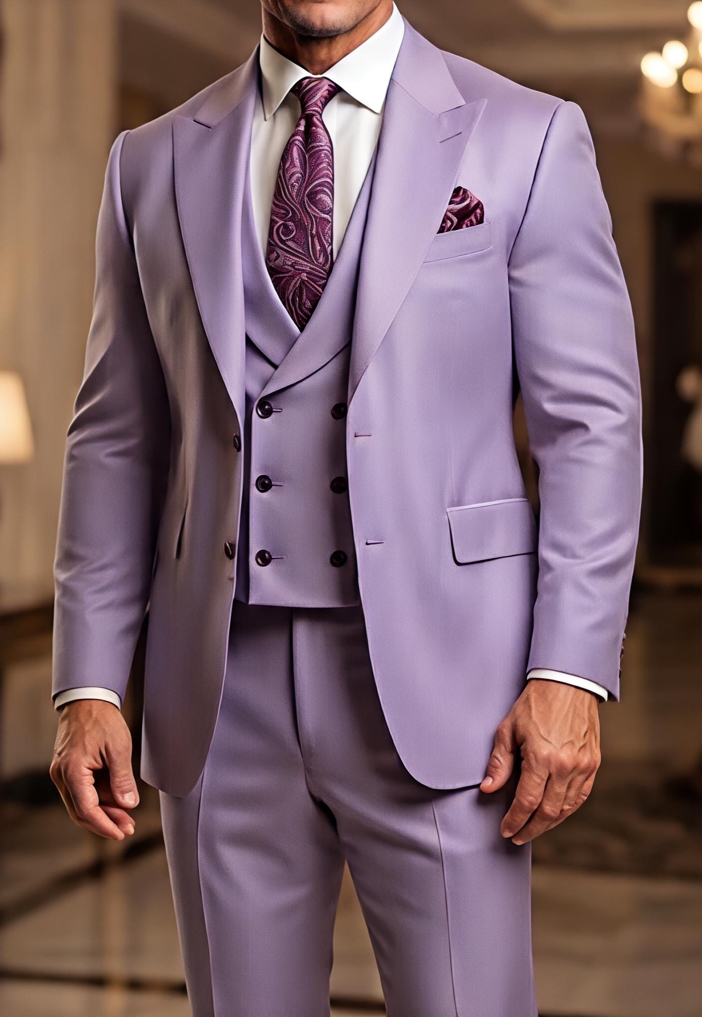 Light Purple Cotton Three Piece Suit: Custom Tailored Slim Fit Formal Set