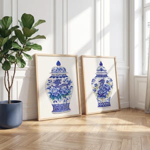 Set of 2 Blue Chinoiserie Vases, Ginger Jar Prints, Asian Wall Art Digital Download